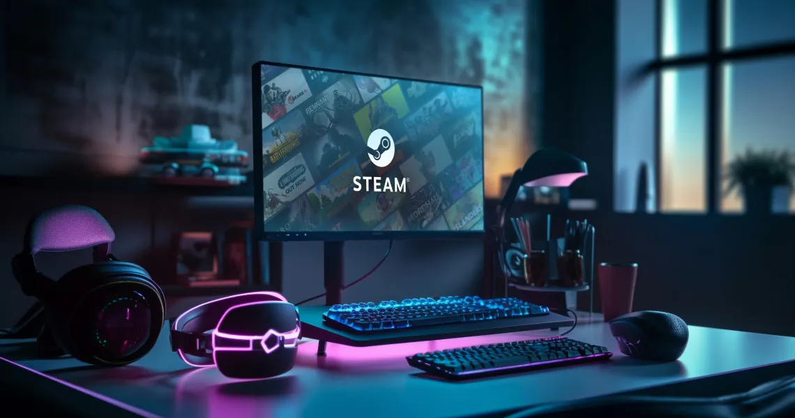 Virtwave banner of a Steam desk setup, used for our The Wolf Among Us Remastered release date, time and price guide